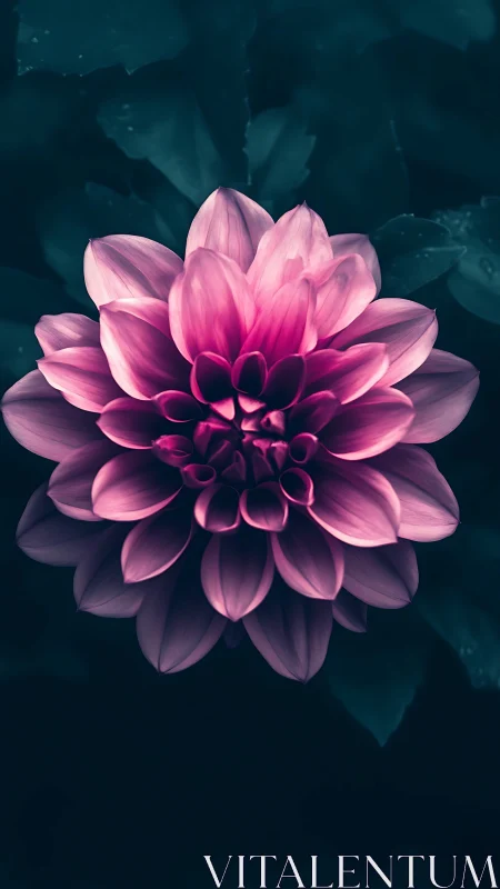Pink Dahlia Against Dark Teal Foliage Background