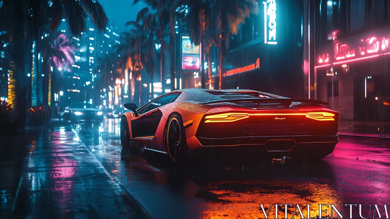 Neon rain crowns a supercar idling like liquid lightning