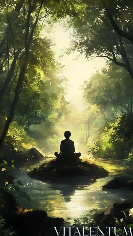 Meditative figure in luminous forest stream at sunrise.