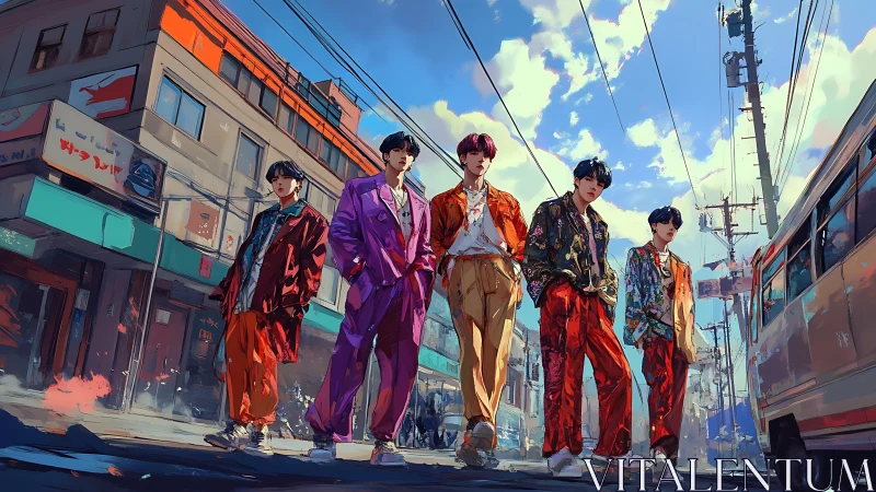 Colorful streetwear crew strides through sunlit city scene.