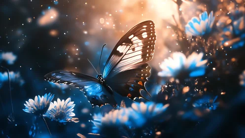Luminous butterfly rests among glowing blue wildflowers.