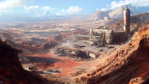 Industrial facility within arid red canyon landscape on Mars.
