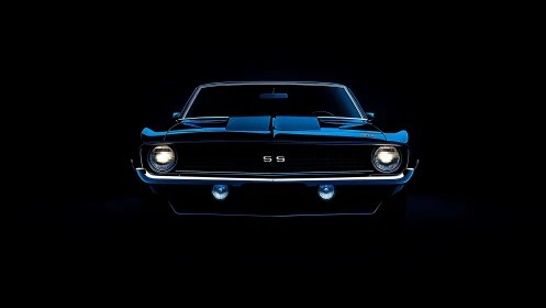 Front view classic muscle car isolated on dark background