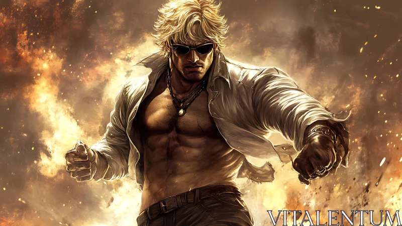 Muscular antihero strides through explosive golden firestorm.