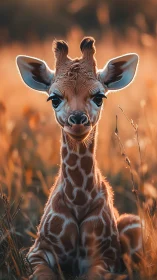 Golden hour baby giraffe resting in soft savanna light.