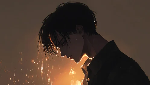 Silhouetted young man beside sparks in warm backlight.