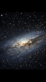 Spiral galaxy glows amid dense star field in deep space.