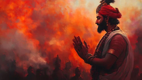 Side profile of robed man before fiery red background.