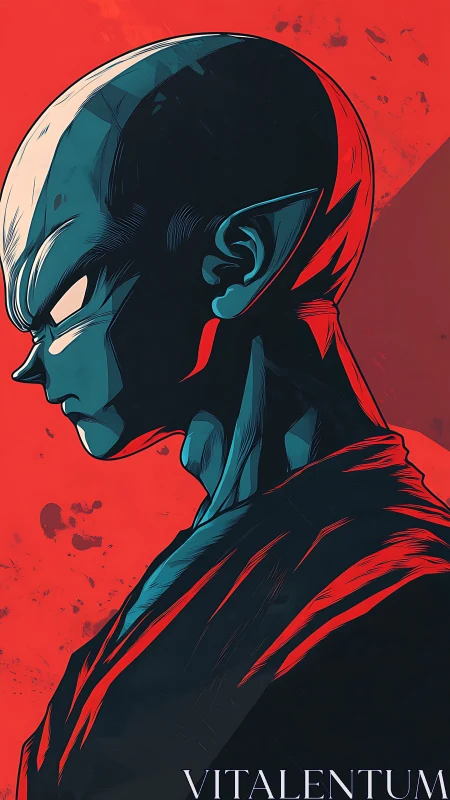 Stoic alien warrior profile under crimson backlight