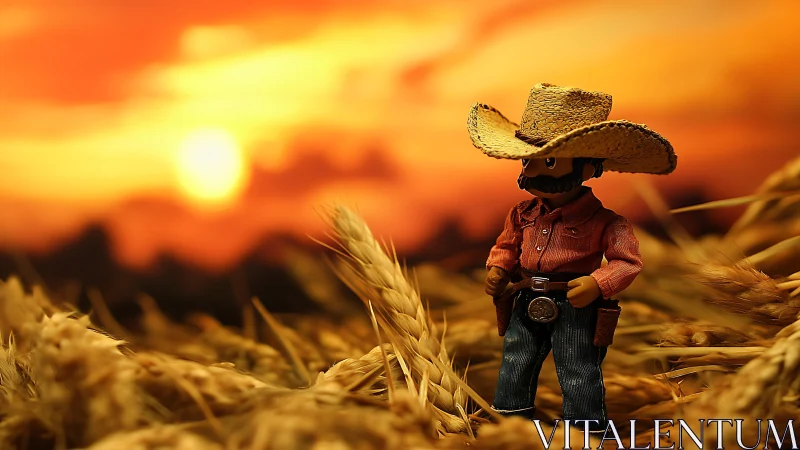 Toy cowboy stands in golden wheat against blazing sunset sky
