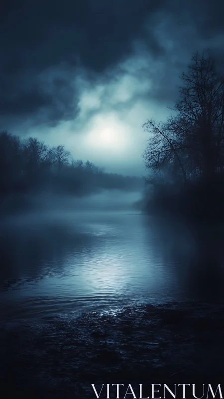 Moonlit river landscape displays mist, silhouettes and reflection