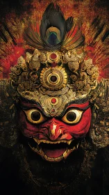 Ornate demon mask beneath peacock plume in fiery chiaroscuro.