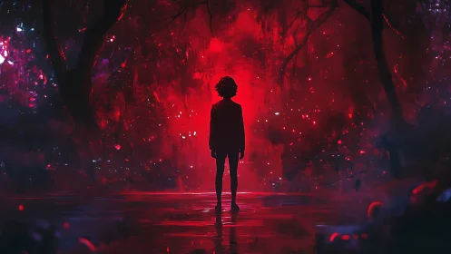Silhouette child walks into a crimson dreamlit forest portal.