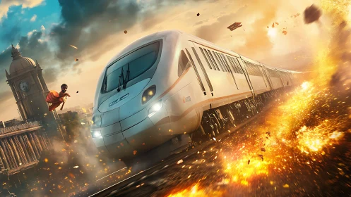 High-speed train blasts through cinematic urban explosion.