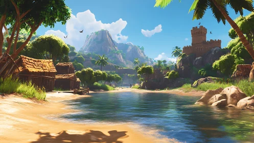 Digitally Rendered Fantasy Settlement with Geological Formations and Hydrological Features.