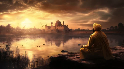 Solitary figure contemplates riverside temple at sunset.