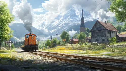 Orange locomotive passing rural village near snowy mountains.