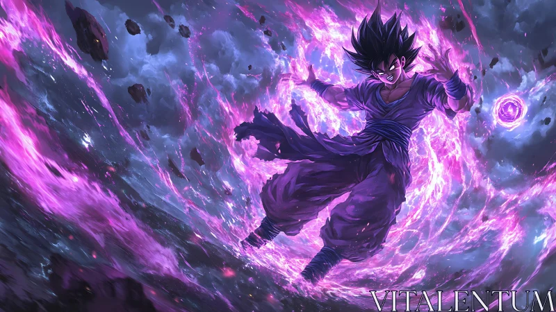 Storm of violet energy swirling around soaring hero.