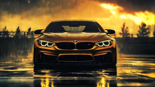 Golden BMW sports coupe under rain at sunset on asphalt.