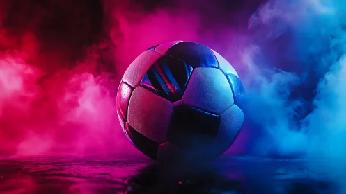 Bicolor smoke-immersed football under cinematic rim lighting.