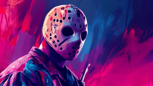 Masked slasher stands in neon night of bold color drama.