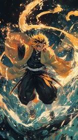 Flame-wreathed swordsman strides through roaring tidal light