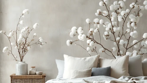 Soft cotton branches warming a calm, cozy bedroom retreat.