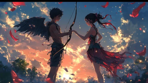 Winged archer and girl in red suspended at sunset sky.