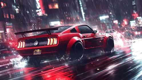 Red muscle car drifting through neon soaked city rainstorm.