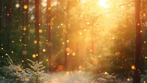 Golden sunlight through frost-covered forest with bokeh particles