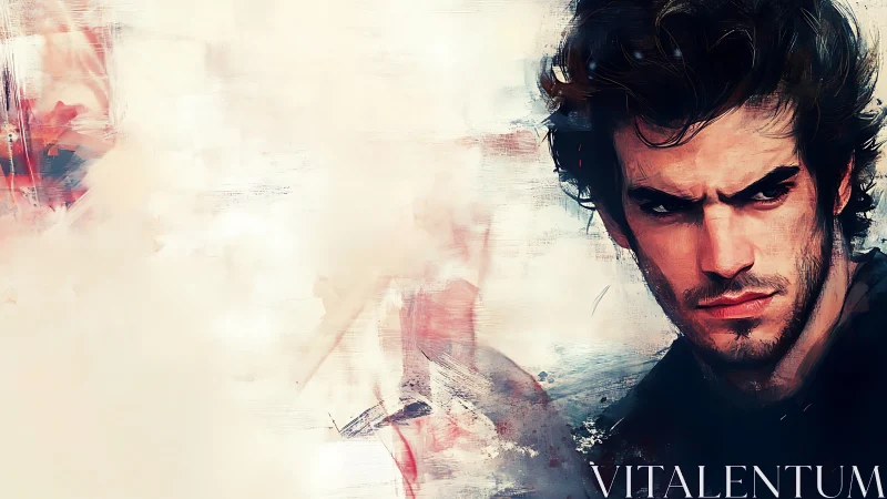 Angular male portrait emerging through abstract pigment haze.