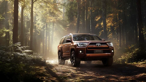 Orange SUV drives through sunlit forest trail at dawn