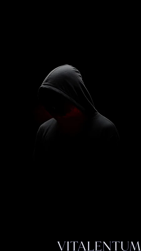 Hooded silhouette sinks into deep black negative space