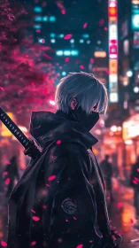 Masked swordsman in neon city with drifting petals.
