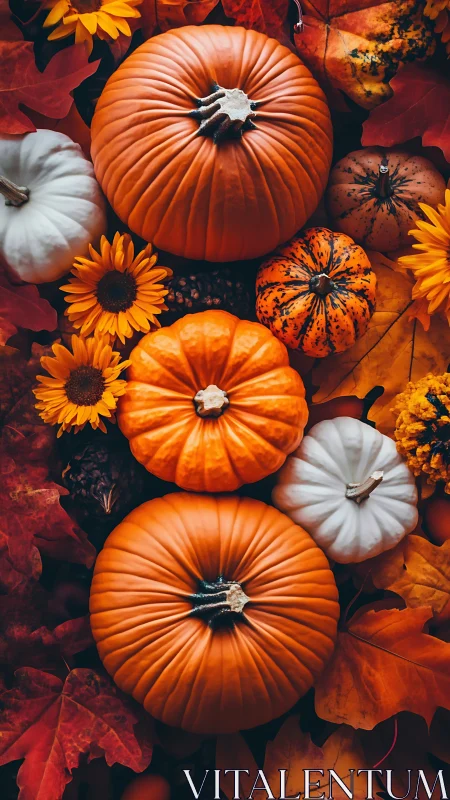 Cozy harvest pumpkins nestled in a swirl of autumn color.