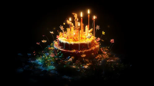 Luminous Birthday Cake with Lit Candles Surrounded by Blooming Flowers