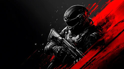 Armored sci fi soldier with rifle amid red digital streaks.