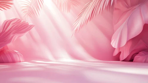 Soft pink palm dreamscape washed in gentle daylight glow.