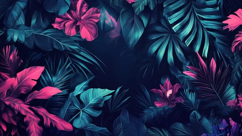 Neon jungle lullaby with hibiscus whispers in midnight bloom.