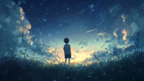 Boy standing in twilight field under wide starry sky.