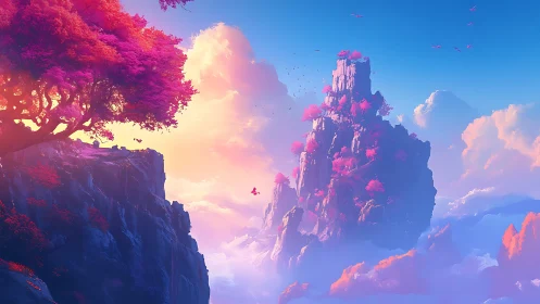 Vibrant fantasy cliffs with pink trees and bright sky.