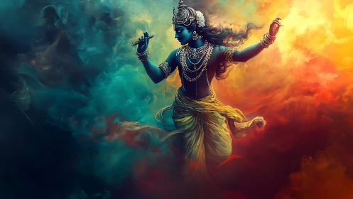 Graceful blue deity dancing through swirling cosmic light.