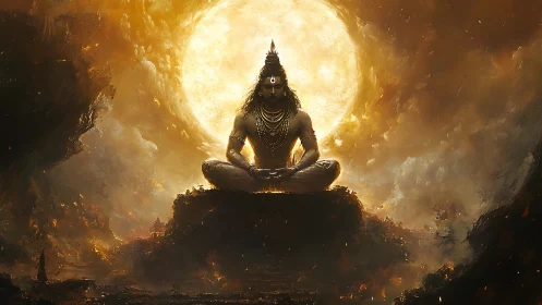 Divine yogic figure meditating before radiant celestial sun.