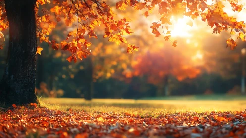 Golden autumn tree with sunlight over fallen leaves.