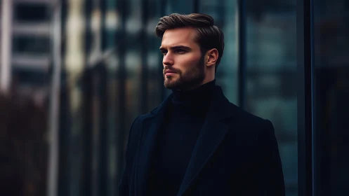 Urban evening frames a thoughtful man in sleek dark style
