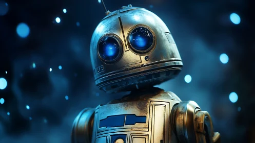 Spherical-lens service droid under cinematic bokeh field.