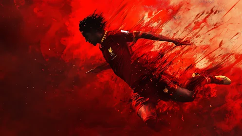 Dynamic red footballer explosion in abstract motion art.
