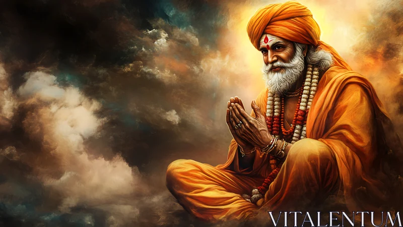 Elderly robed figure seated in clouds with folded hands.