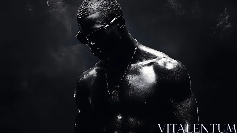 Moody portrait captures a strong shirtless man in glossy light