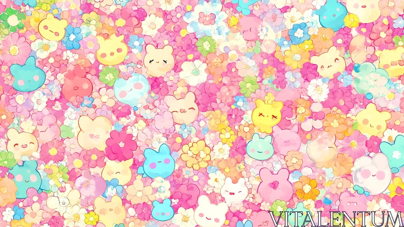 Anime pastel chibi characters in dense floral all-over pattern.